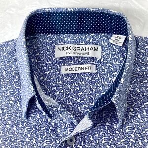 Nick Graham Everywhere Shirt Blue Paisley Flip Cuff Modern Fit 15.5 34-35 M
